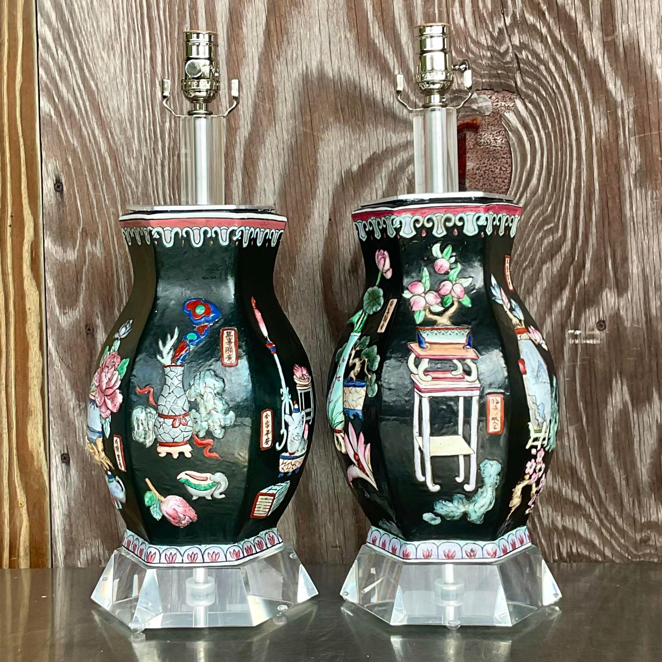 20th Century Vintage Asian Chinoiserie Relief Glazed Ceramic Lamps - a Pair For Sale