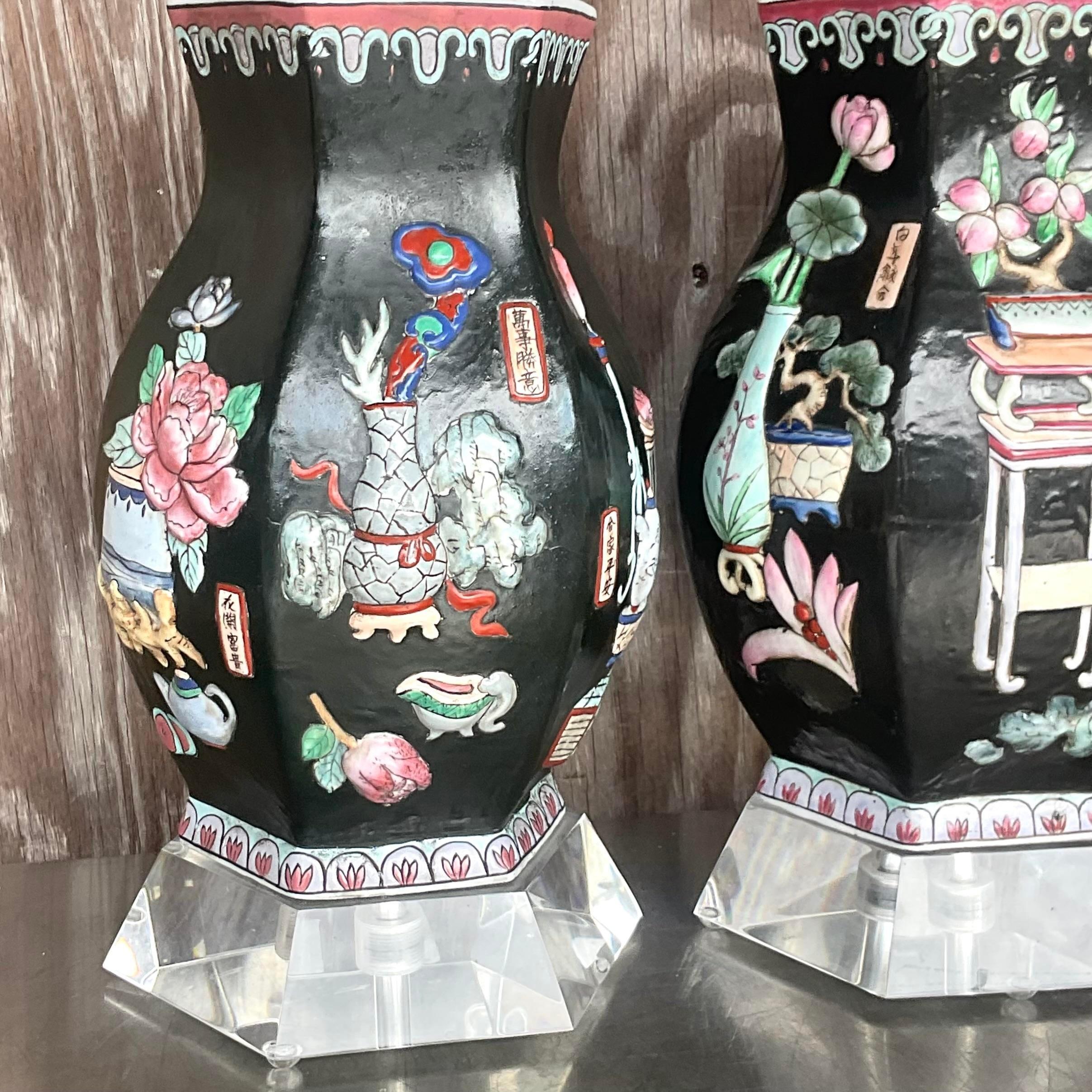 Metal Vintage Asian Chinoiserie Relief Glazed Ceramic Lamps - a Pair For Sale