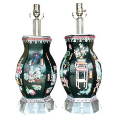 Vintage Asian Chinoiserie Relief Glazed Ceramic Lamps - a Pair