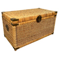 Vintage Asian Chinoiserie Wicker Trunk With Brass Hardware