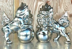 Vintage Asian Chromed Glazed Ceramic Foo Dogs - a Pair