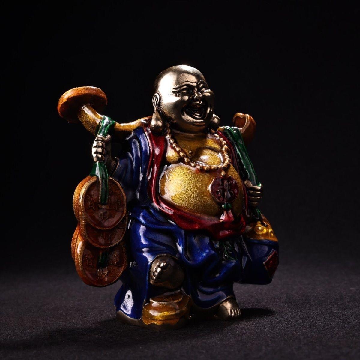 Vintage Asian Cloisonne Enameled Bronze Maitreya Buddha Statue Carrying Money In Fair Condition For Sale In 景德镇市, CN