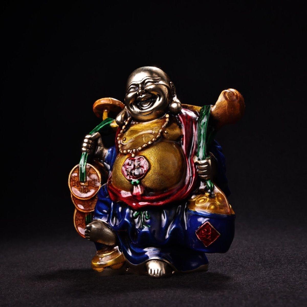 19th Century Vintage Asian Cloisonne Enameled Bronze Maitreya Buddha Statue Carrying Money For Sale