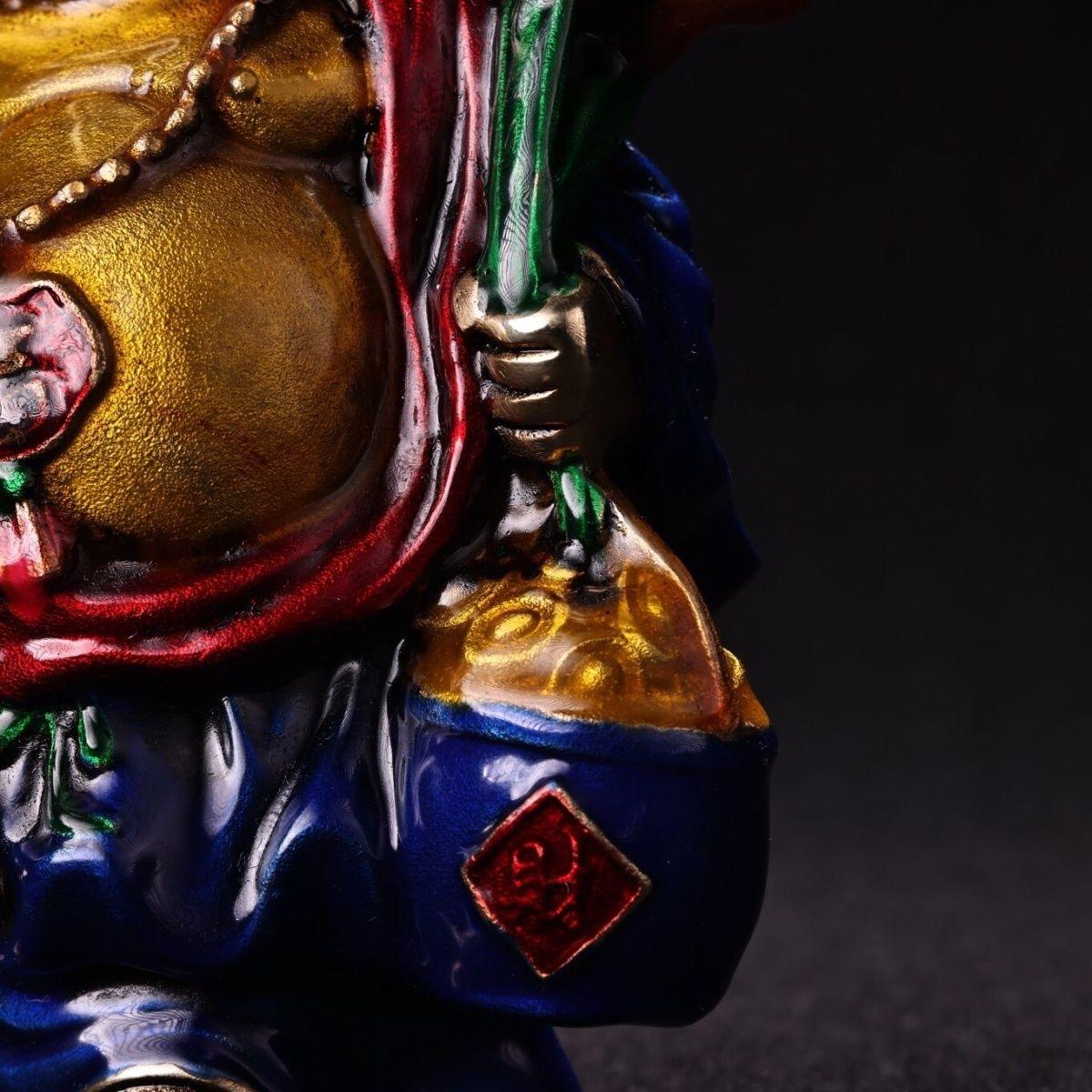 Vintage Asian Cloisonne Enameled Bronze Maitreya Buddha Statue Carrying Money For Sale 3