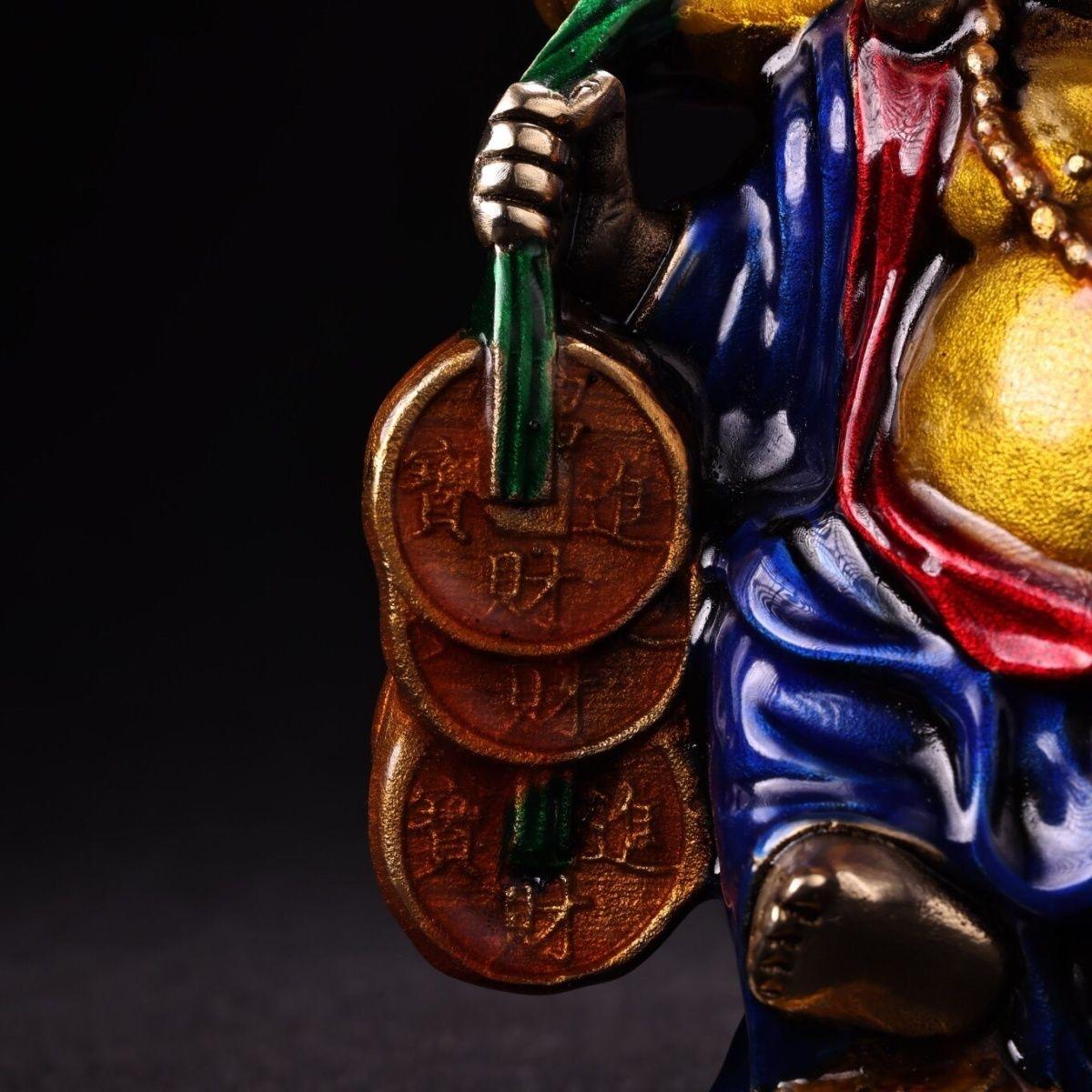 Vintage Asian Cloisonne Enameled Bronze Maitreya Buddha Statue Carrying Money For Sale 4