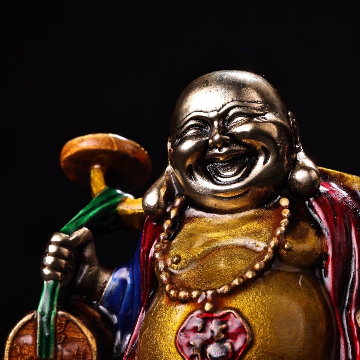 Vintage Asian Cloisonne Enameled Bronze Maitreya Buddha Statue Carrying Money For Sale 5