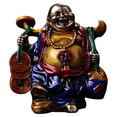Vintage Asian Cloisonne Enameled Bronze Maitreya Buddha Statue Carrying Money