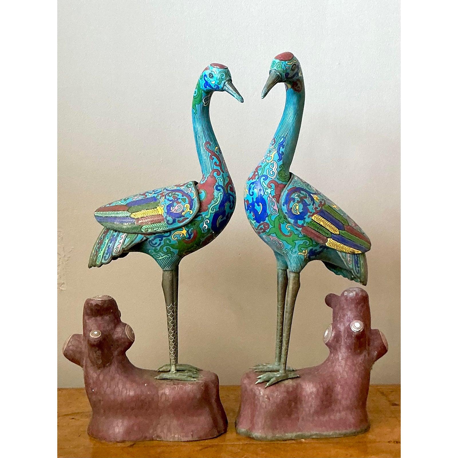 XX secolo Gru asiatiche smaltate cloisonné d'epoca - Set di 2 in vendita