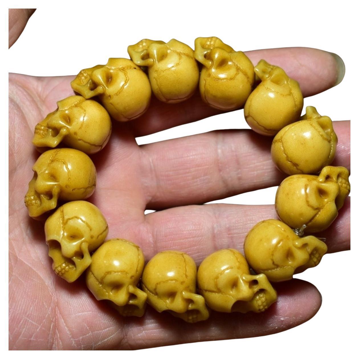 Vintage Asian Deer Horns Carving Human Skulls Beads Noble Bracelet