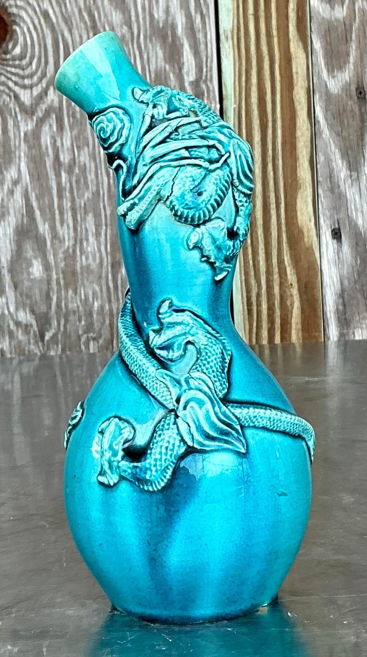 Cinese Vaso asiatico d'epoca a doppia zucca con drago in maiolica in vendita