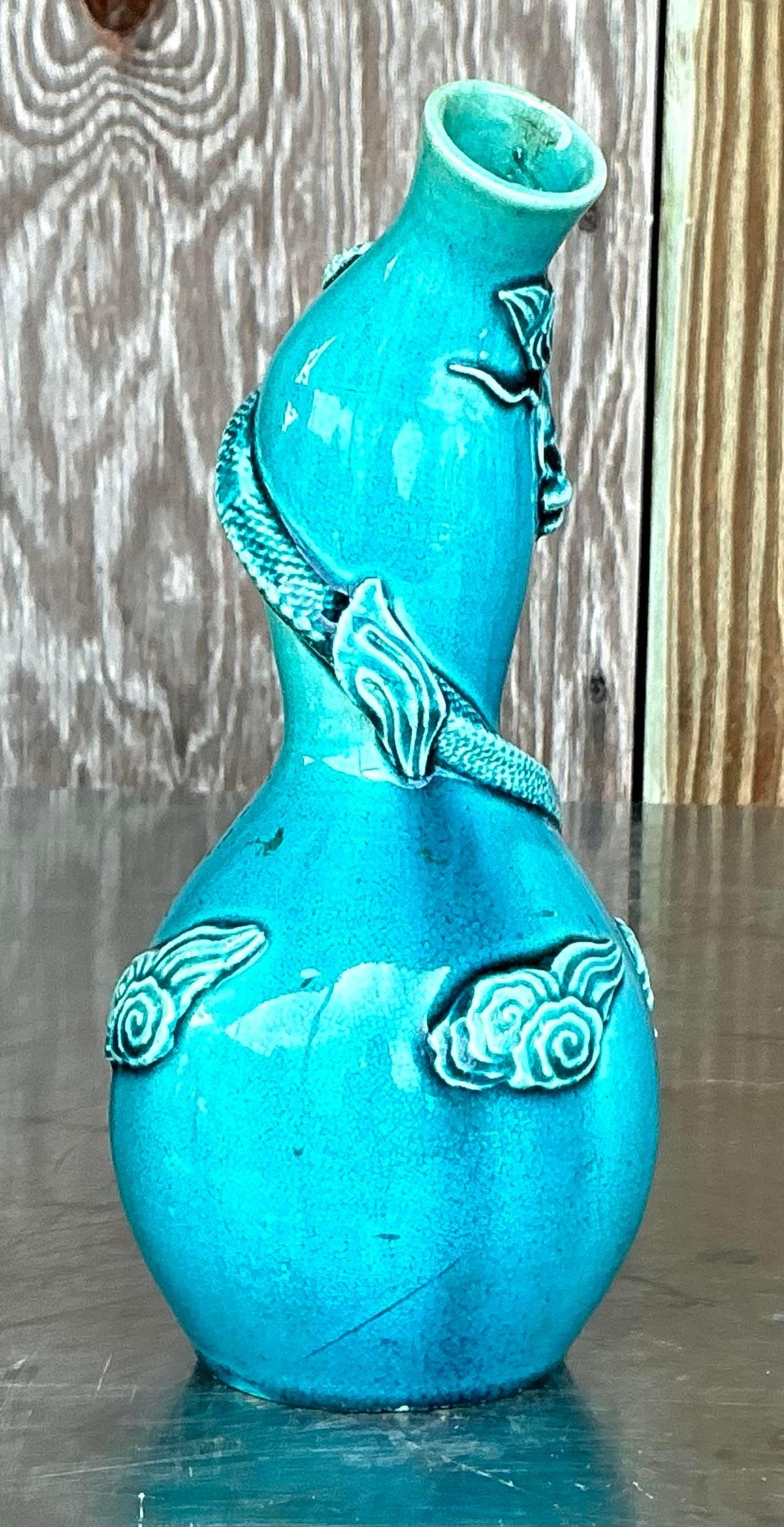 Vaso asiatico d'epoca a doppia zucca con drago in maiolica In condizioni buone in vendita a west palm beach, FL
