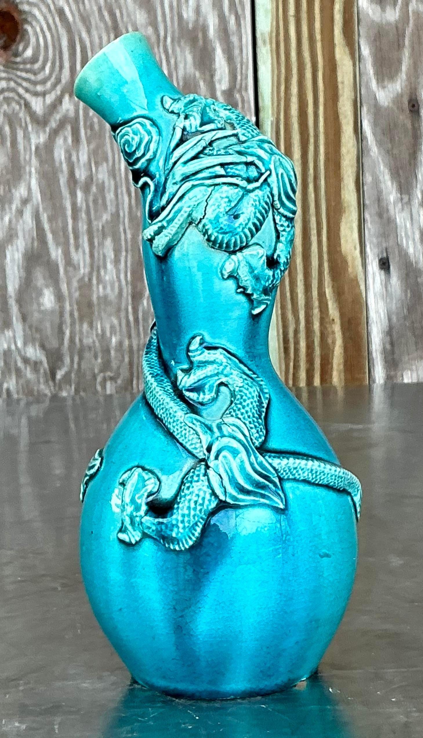 Vaso asiatico d'epoca a doppia zucca con drago in maiolica in vendita 1
