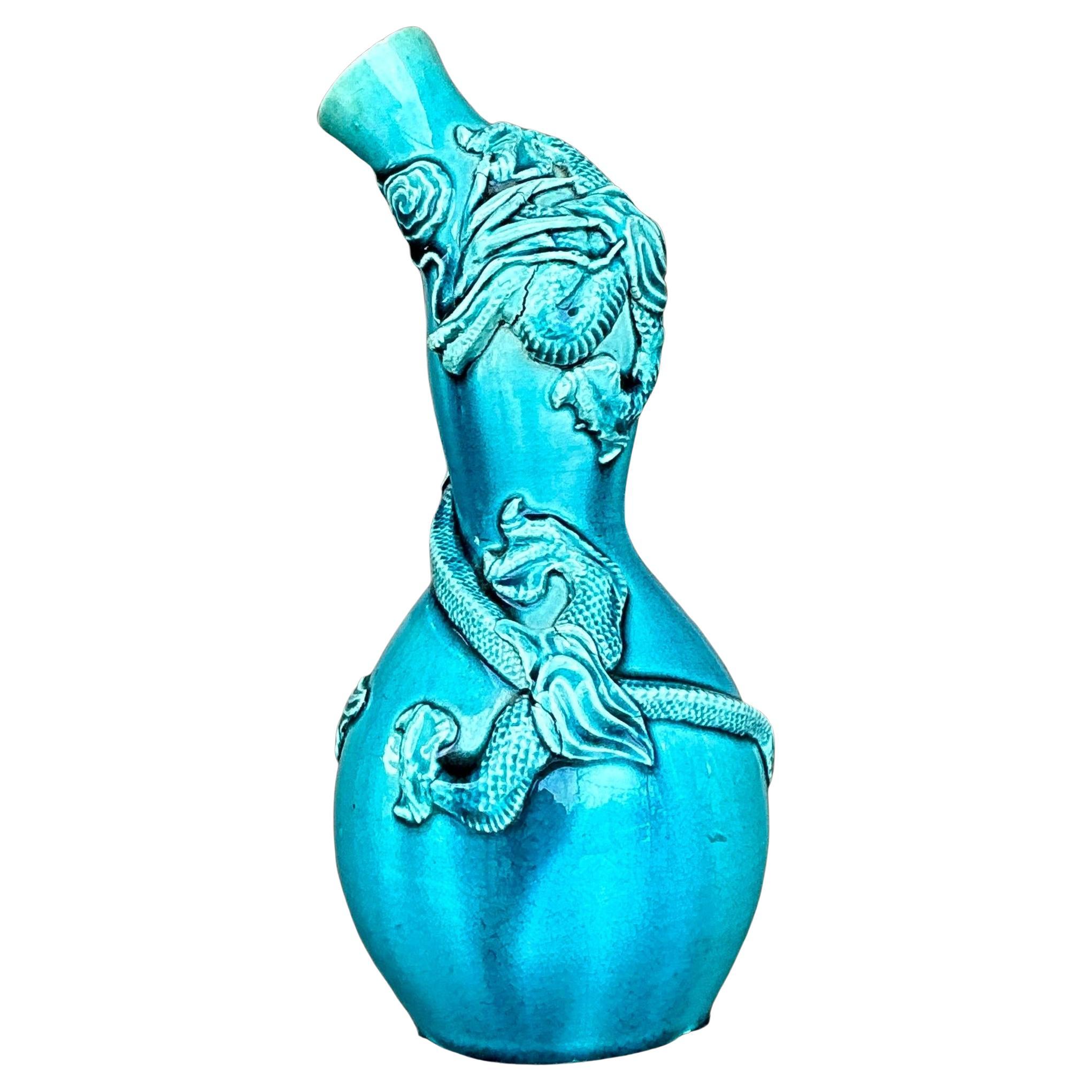 Vintage Asian Double Gourd Majolica Dragon Vase