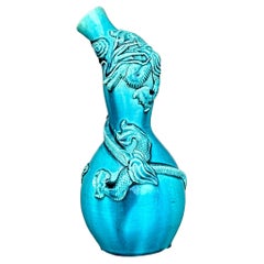 Vintage Asian Double Gourd Majolica Dragon Vase