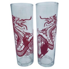 Vintage Asian Dragon Collins Cocktail Glasses Set of 2 Highball Tumblers
