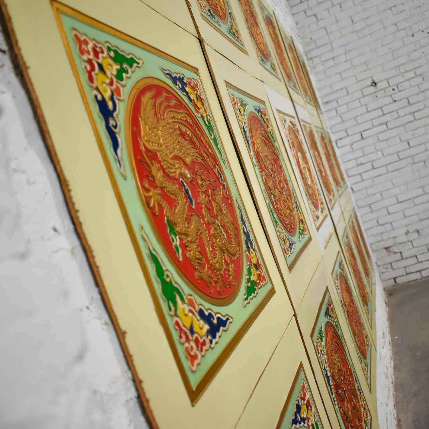Vintage Asian Drop Ceiling Panels Hand Painted Embossed, Set of 18 In Good Condition For Sale In Topeka, KS