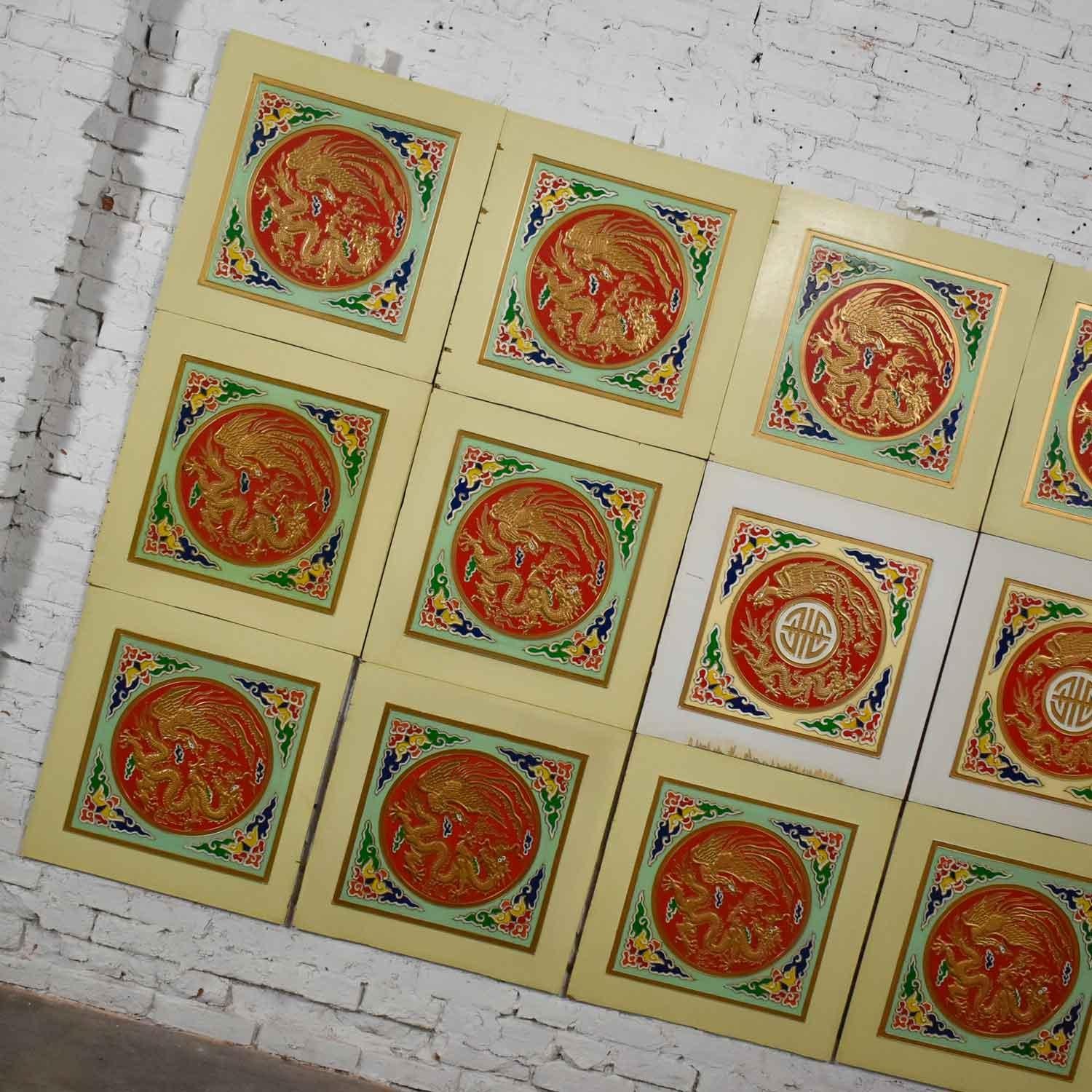 20th Century Vintage Asian Drop Ceiling Panels Hand Painted Embossed, Set of 18 For Sale