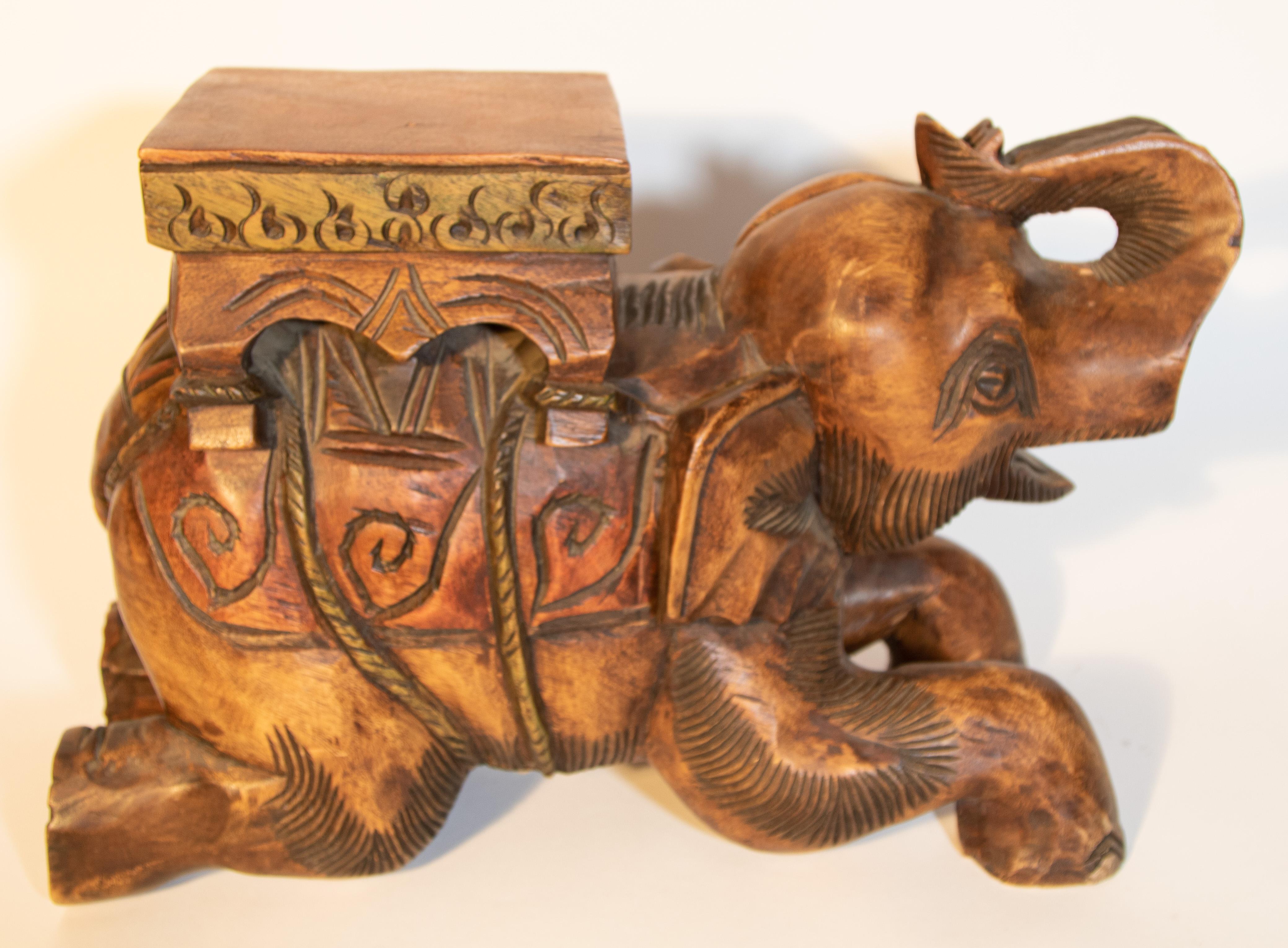 Indian Vintage Asian Elephant Hand-Carved Wooden Stool For Sale