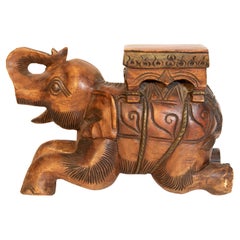 Antique Asian Elephant Hand-Carved Wooden Stool