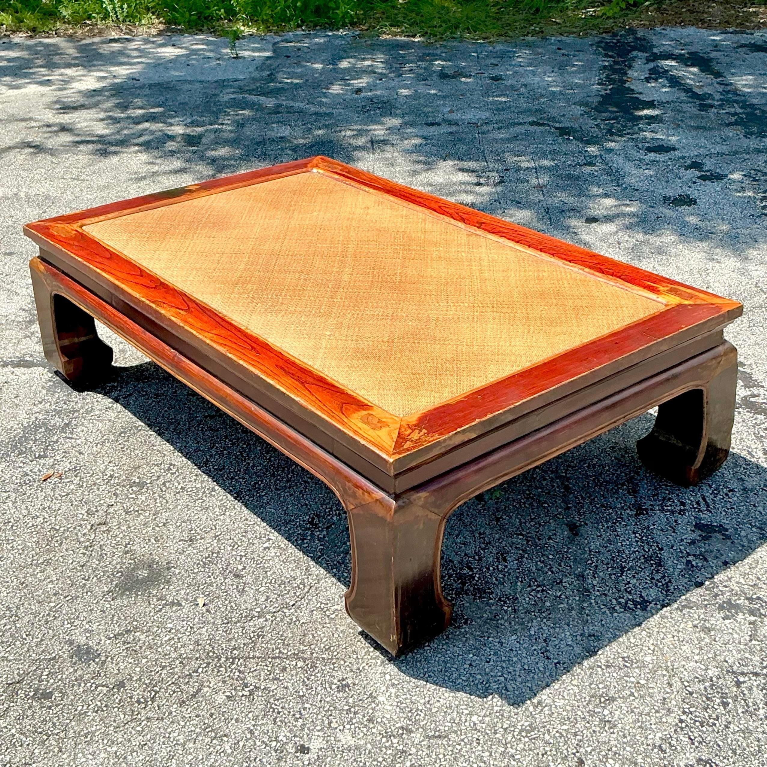Vintage Asian Elm Seagrass Ming Coffee Table In Good Condition For Sale In west palm beach, FL