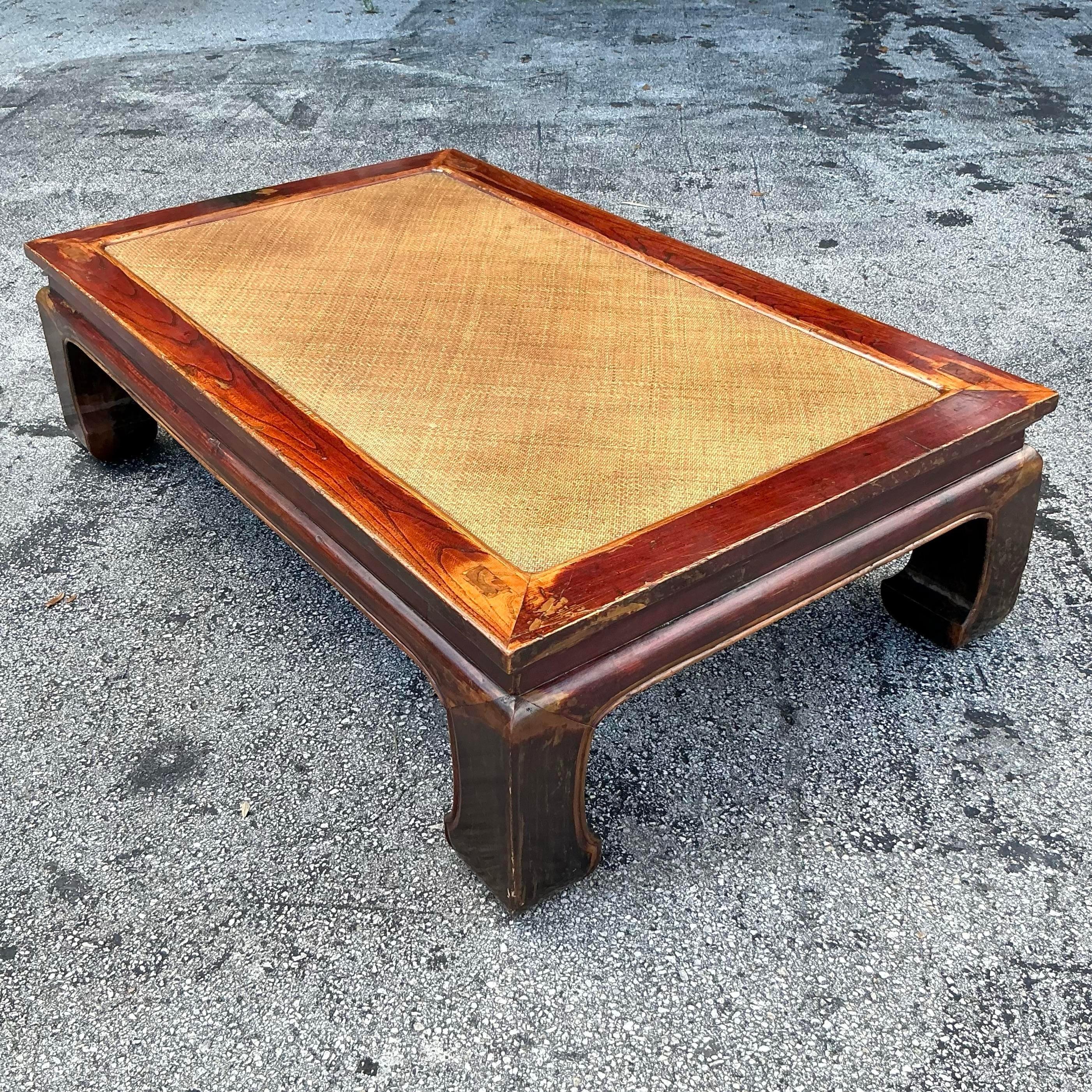 Vintage Asian Elm Seagrass Ming Coffee Table For Sale 2