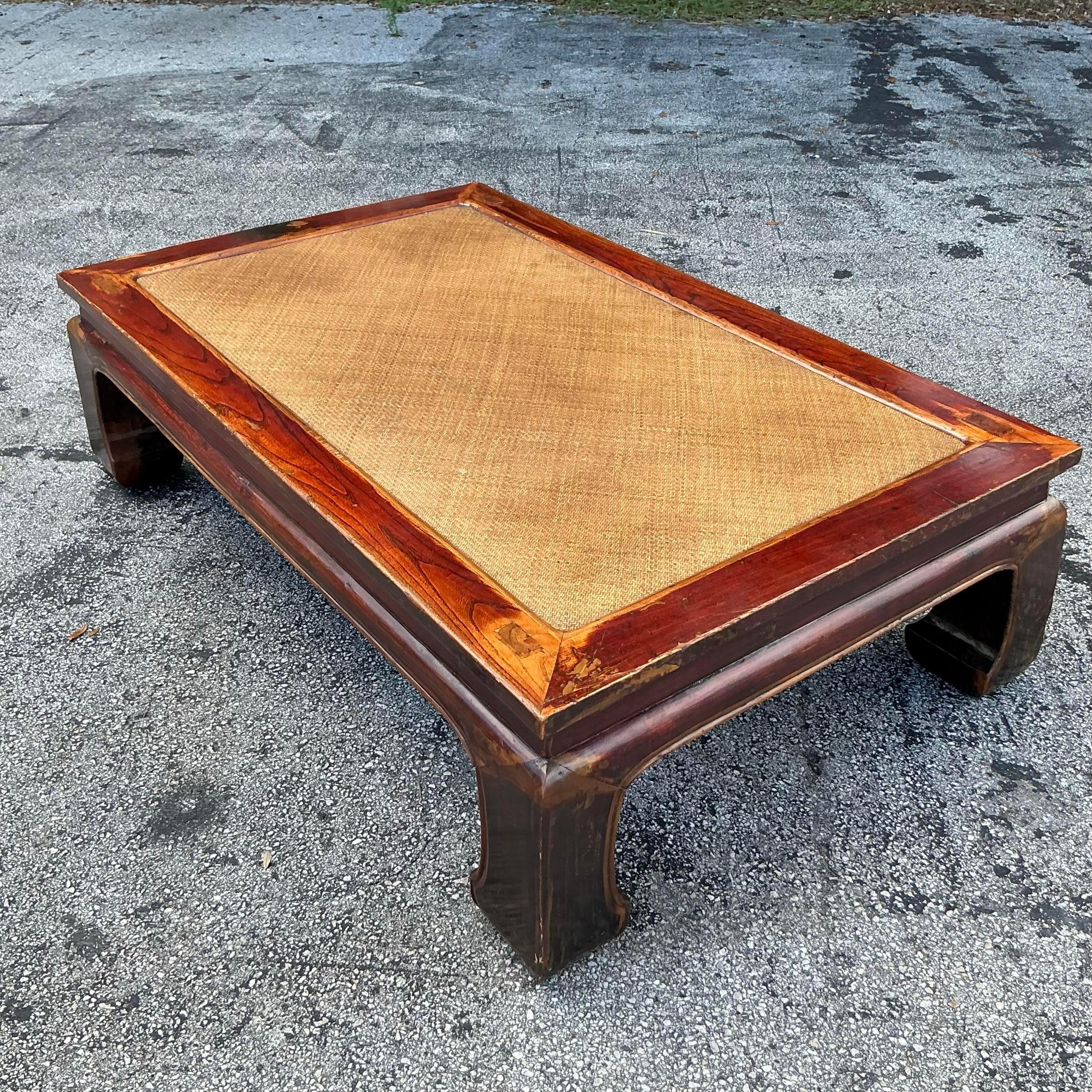 Vintage Asian Elm Seagrass Ming Coffee Table For Sale 4