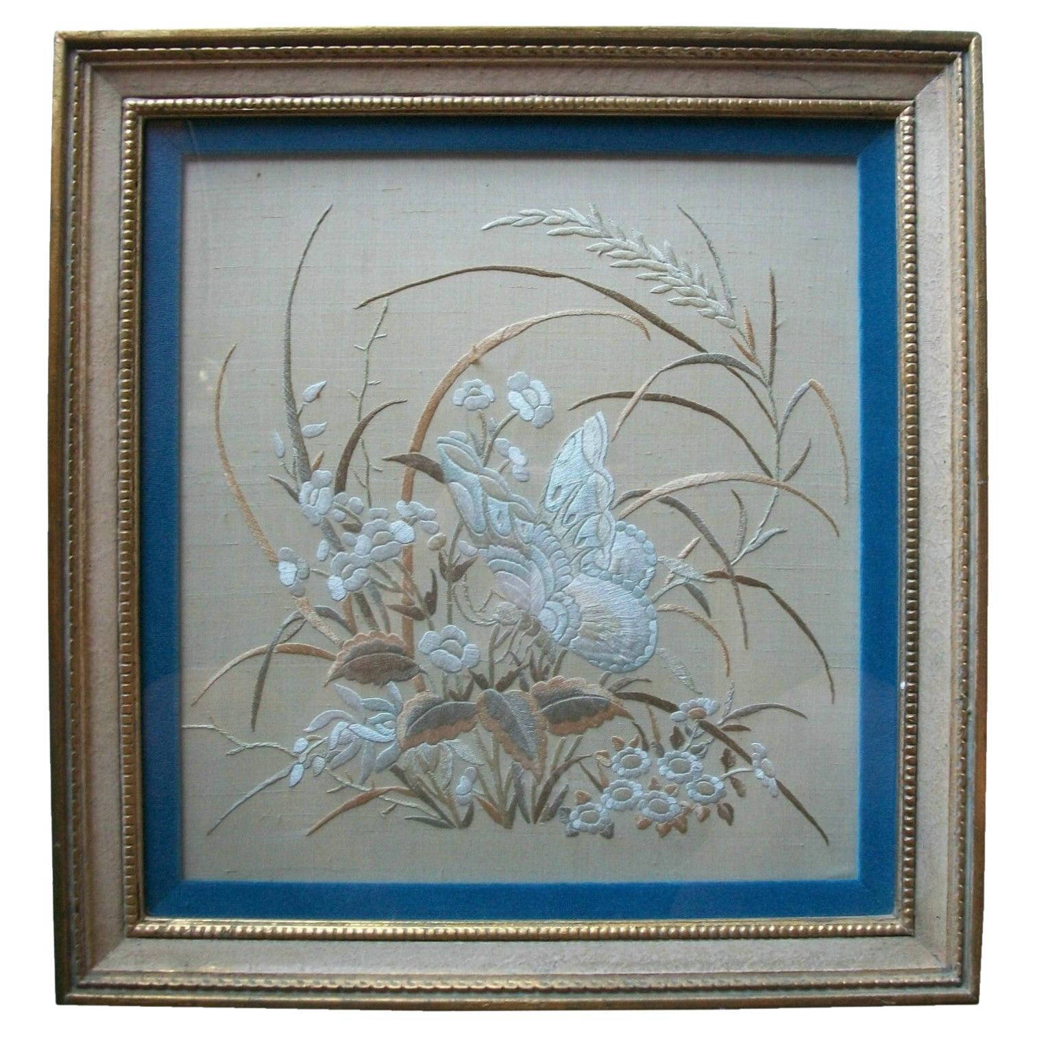 Vintage Asian Embroidery on Silk - Custom Frame - Unsigned - Mid 20th Century
