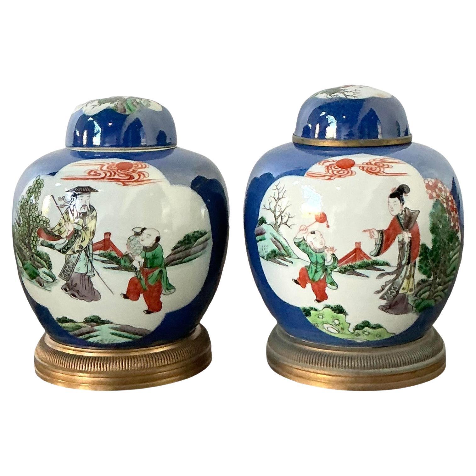 Vintage Asian Famile Verte Lidded Ceramic Jars - A Pair