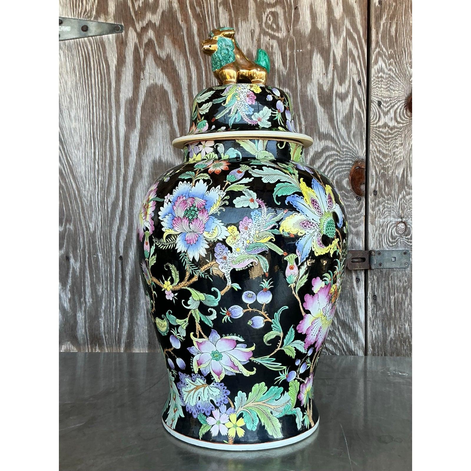 Vintage Asian Floral Ginger Jar In Good Condition For Sale In West Palm Beach, FL