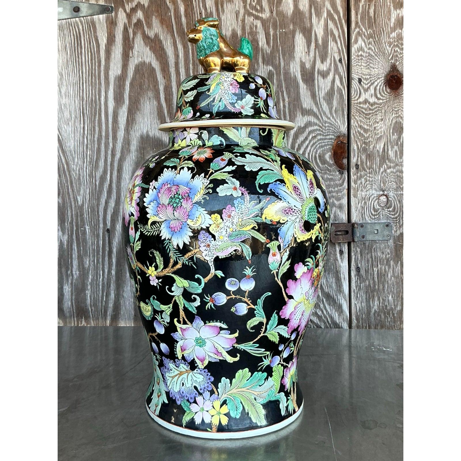 Ceramic Vintage Asian Floral Ginger Jar For Sale