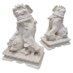 Estatuas Asiáticas Vintage Foo-Dog Sobre Pedestal - Pareja