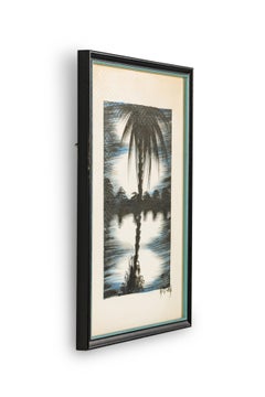 Vintage Asian Framed Ink Drawing of a Fishing Village Scene