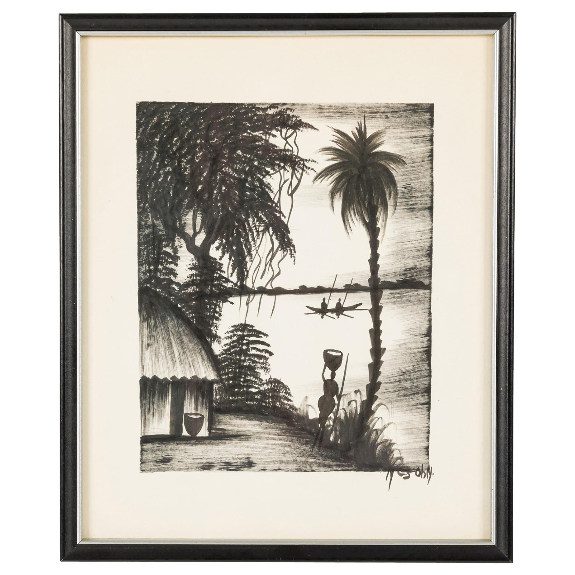 Disegno asiatico d
epoca ad inchiostro incorniciato di una scena di un villaggio di pescatori