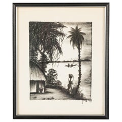 Disegno asiatico d
epoca ad inchiostro incorniciato di una scena di un villaggio di pescatori