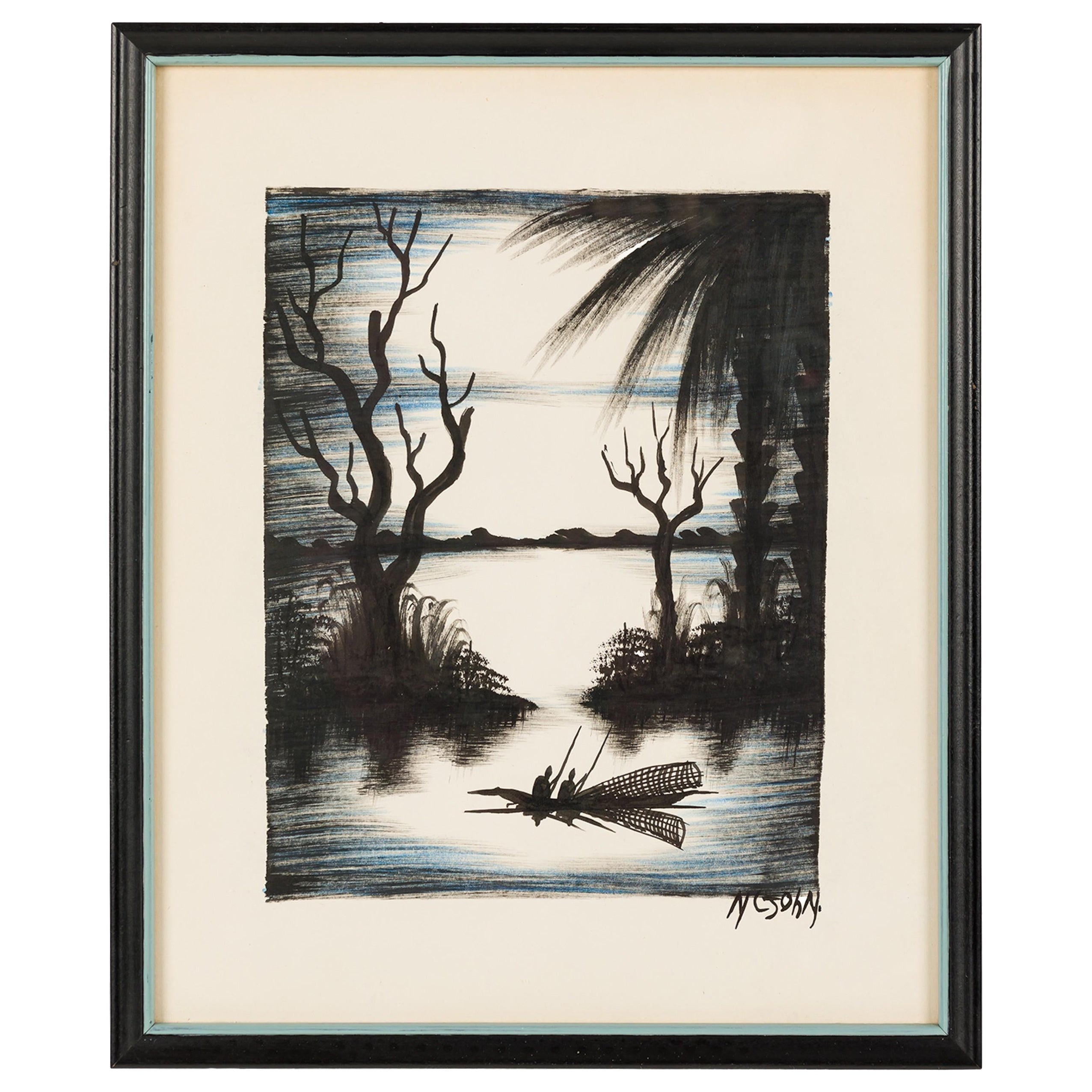 Vintage Asian Framed Ink Drawing of a Fishing Village Scene