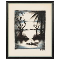 Vintage Asian Framed Ink Drawing of a Fishing Village Scene