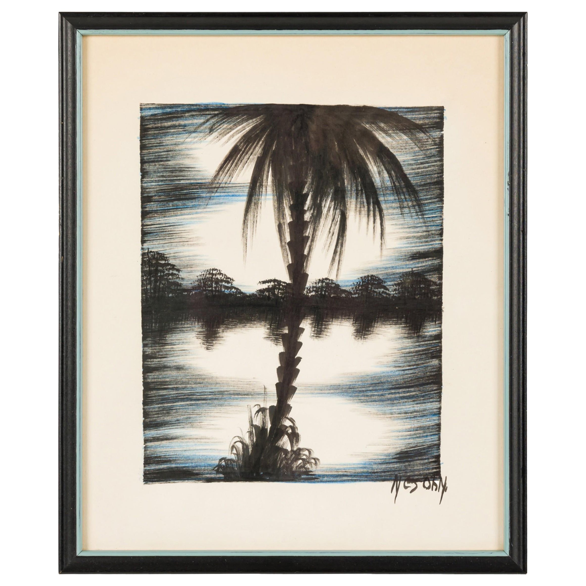 Disegno asiatico d
epoca ad inchiostro incorniciato di una scena di un villaggio di pescatori