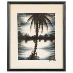 Vintage Asian Framed Ink Drawing of a Fishing Village Scene