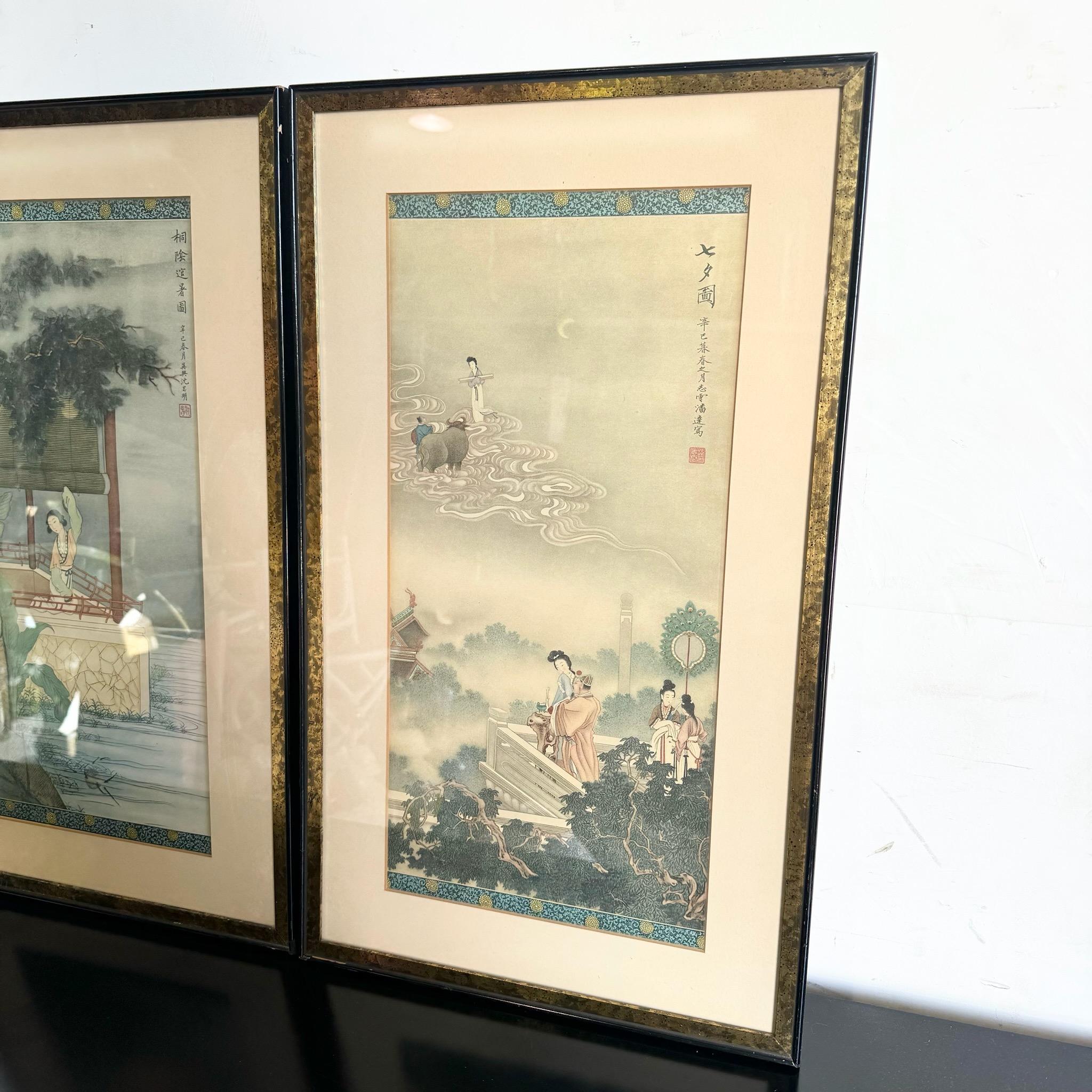 Inconnu Peinture asiatique encadrée sur soie - une paire en vente