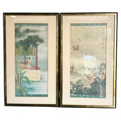 Pinturas asiáticas vintage enmarcadas sobre seda - un par