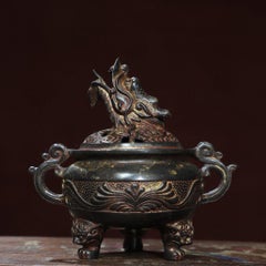 Vintage Asian Gilt Bronze Incense Burner with Dragon Lid