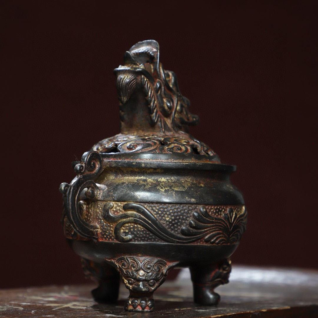 Vintage Asian Gilt Bronze Incense Burner with Dragon Lid For Sale 1