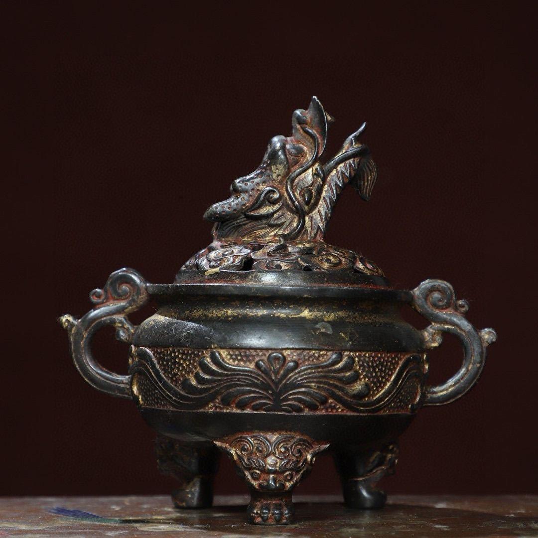 Vintage Asian Gilt Bronze Incense Burner with Dragon Lid For Sale 2
