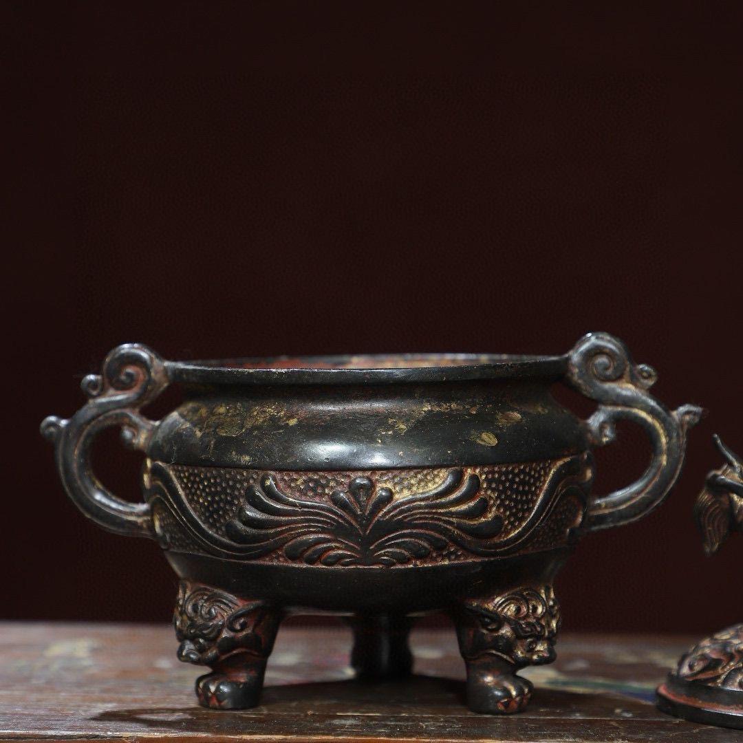 Vintage Asian Gilt Bronze Incense Burner with Dragon Lid For Sale 4
