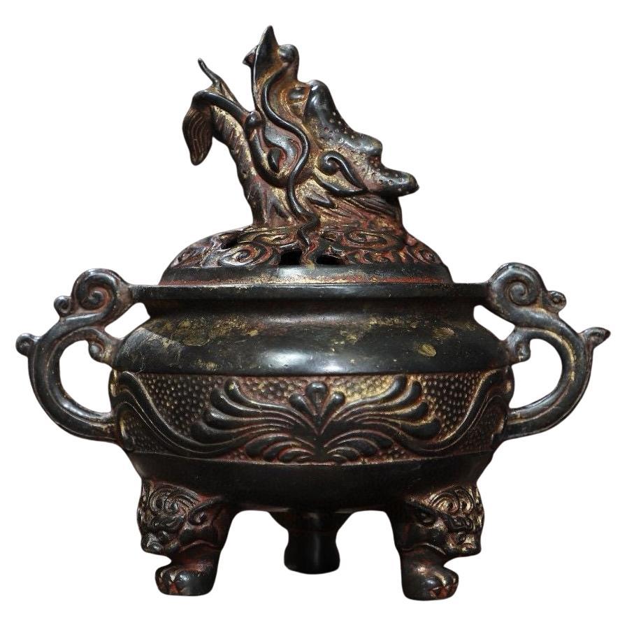 Vintage Asian Gilt Bronze Incense Burner with Dragon Lid For Sale