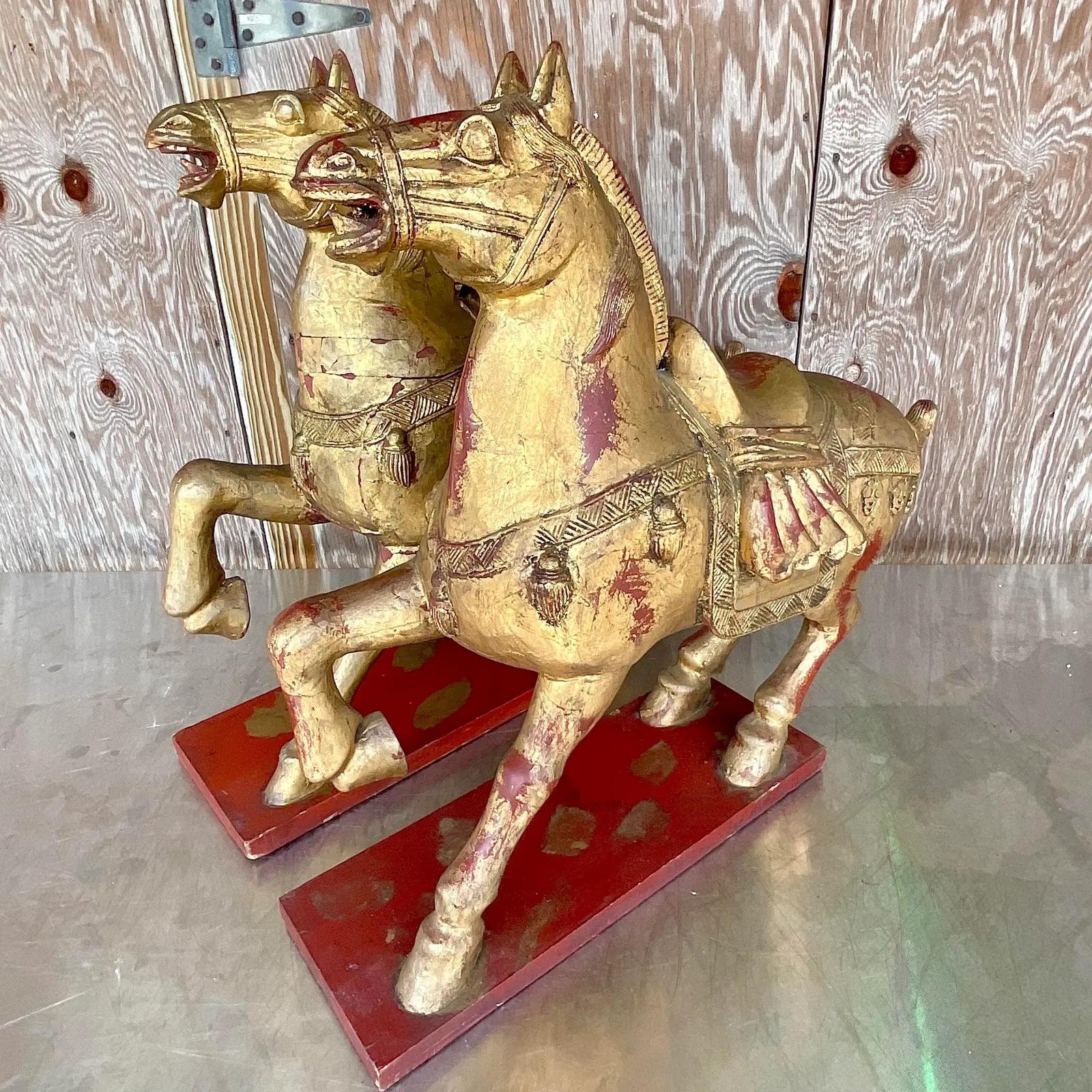Vintage Asian Gilt Carved Wooden Emperor Horses - a Pair For Sale 7