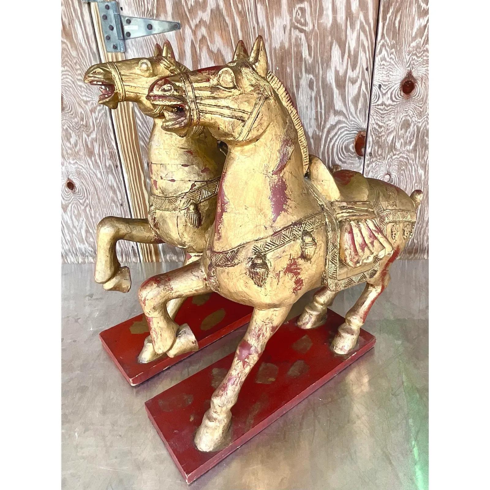 Chinese Vintage Asian Gilt Carved Wooden Emperor Horses - a Pair For Sale