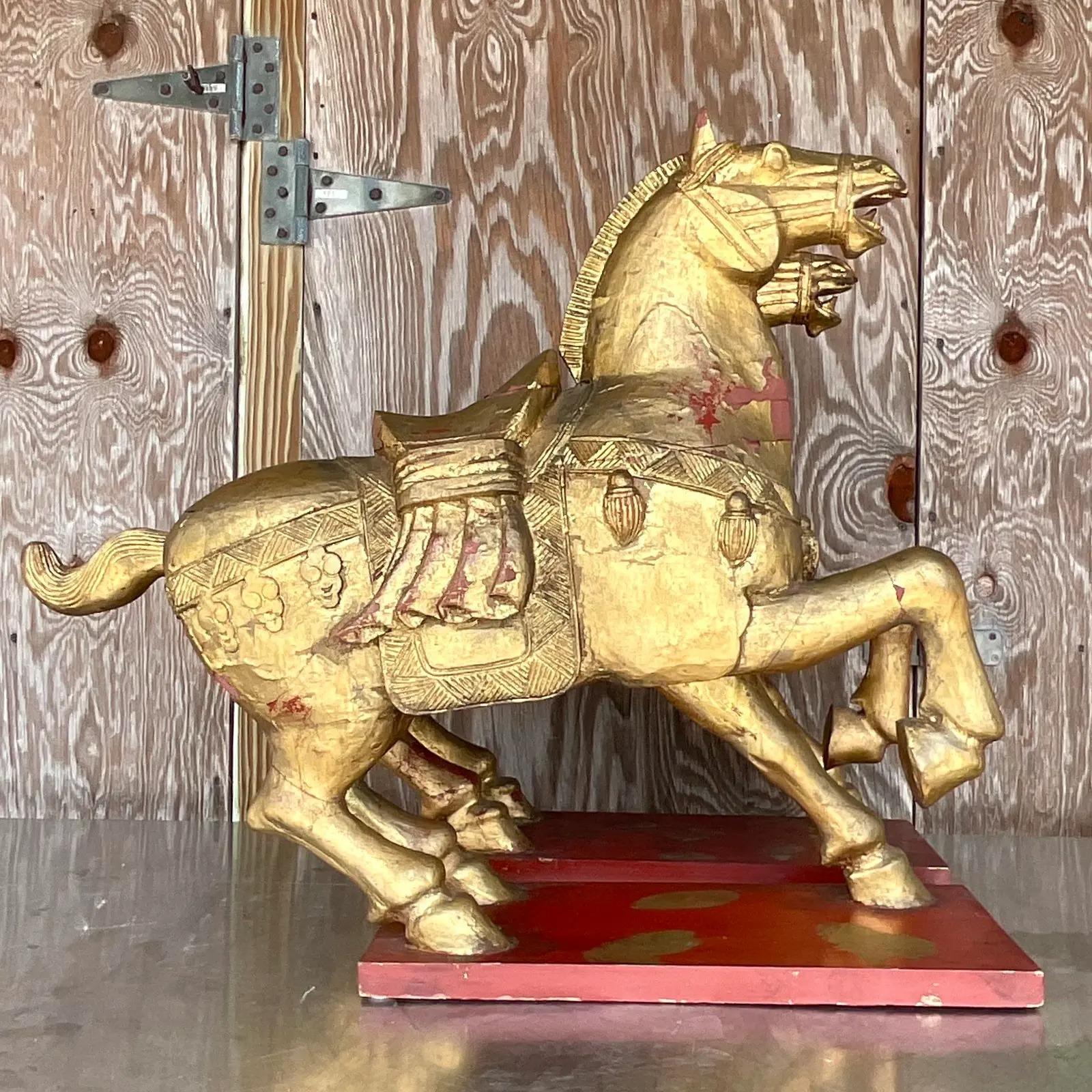 Vintage Asian Gilt Carved Wooden Emperor Horses - a Pair In Good Condition For Sale In west palm beach, FL