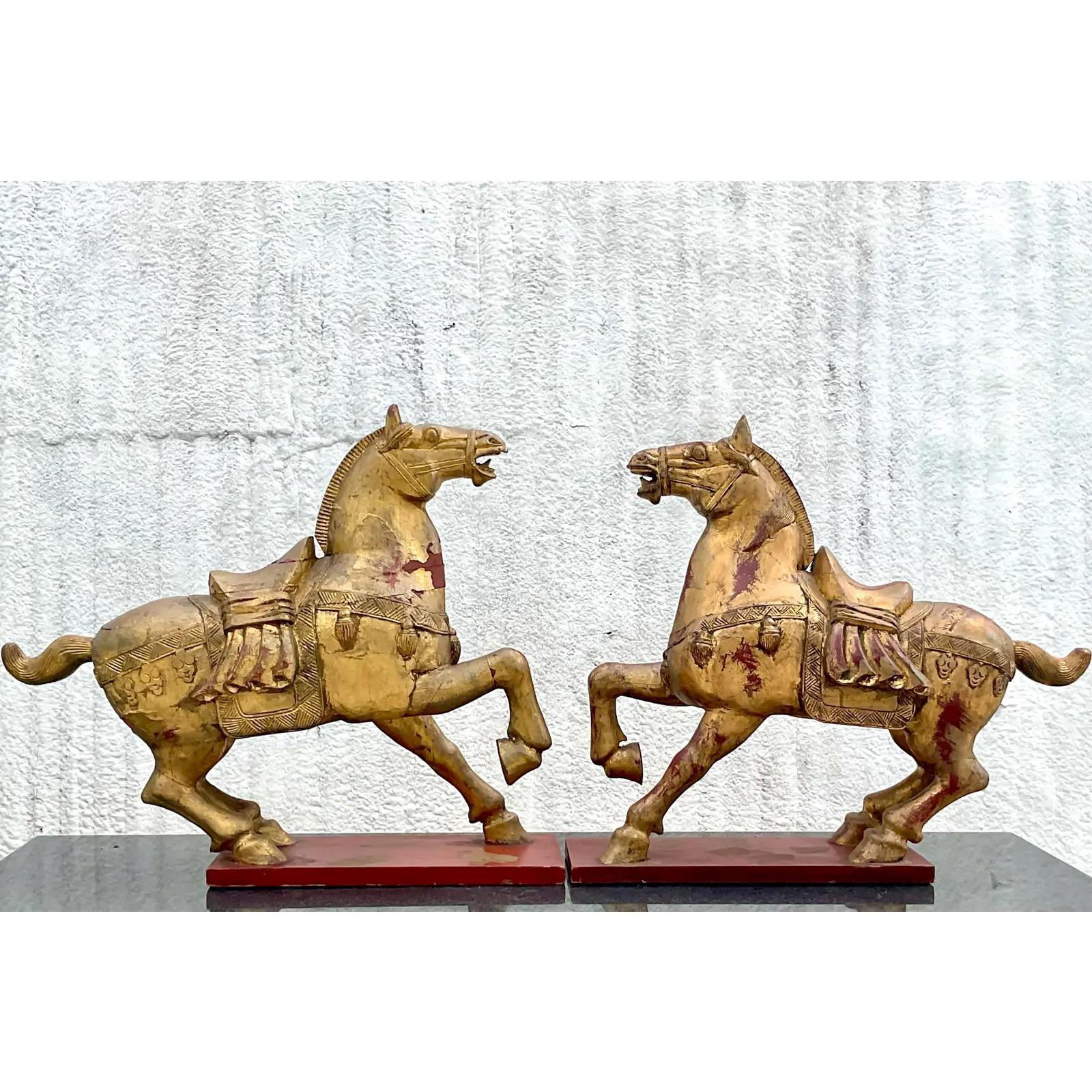 20th Century Vintage Asian Gilt Carved Wooden Emperor Horses - a Pair For Sale