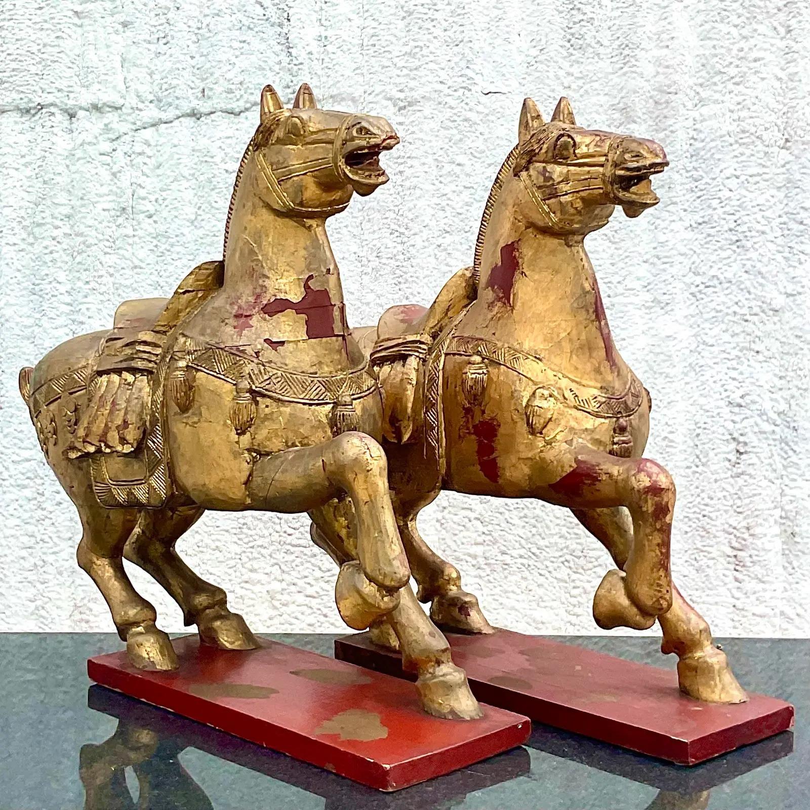 Gold Vintage Asian Gilt Carved Wooden Emperor Horses - a Pair For Sale